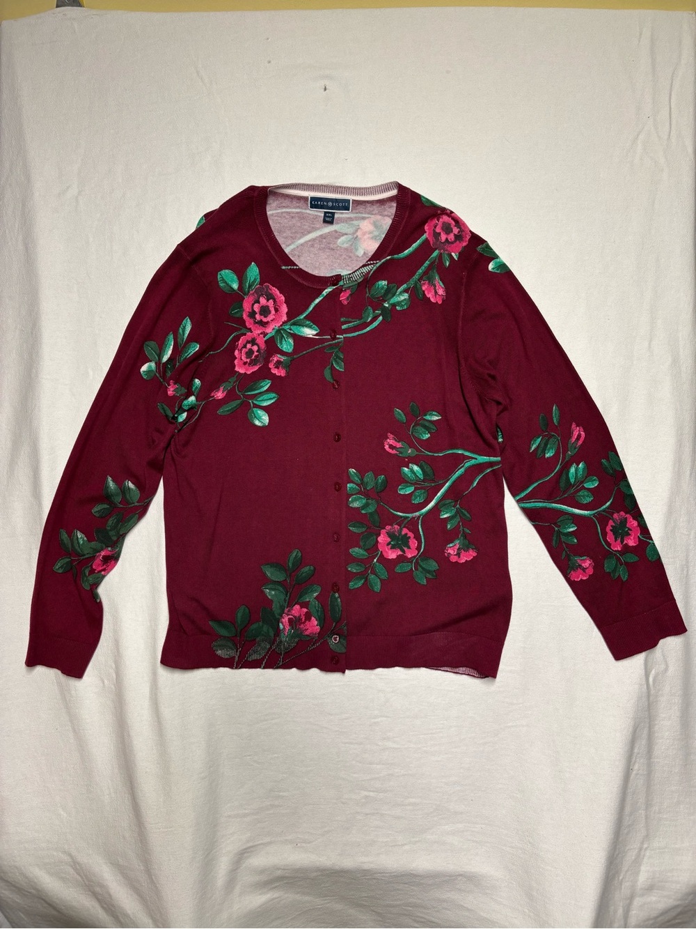 Lauren Ralph Lauren Burgundy Cardigan with Pink & Green Floral Embroidery